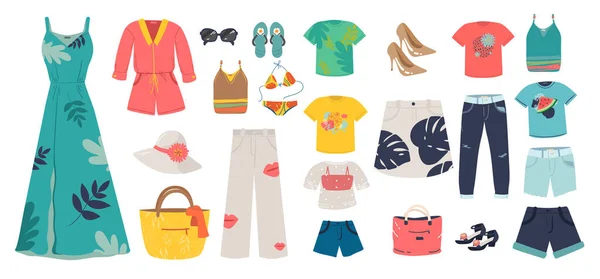 Büyük Kadın yaz giysi ikonu seti. Elbise, şort, etek, ayakkabı, çanta, tişört, şapka, gözlük, pantolon, bluz, sandalet. Kıyafet koleksiyonu.