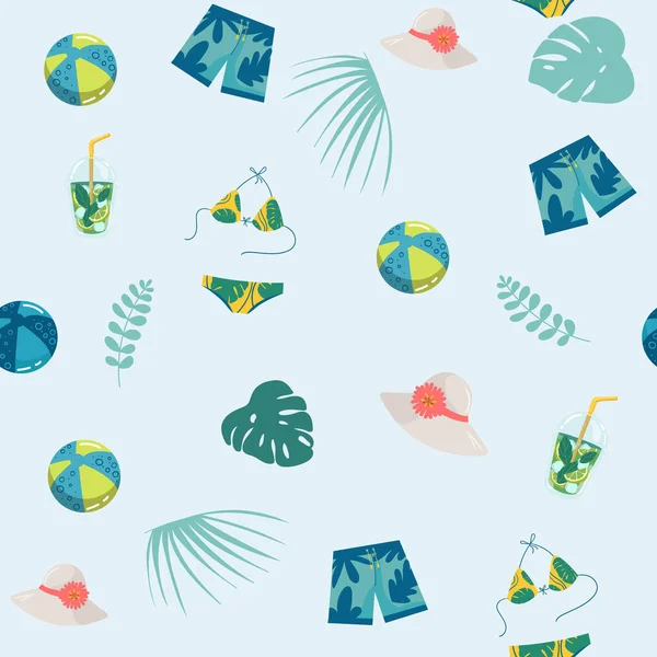 Handgetekende vector abstracte cartoon zomer tijd. Leuke illustratie naadloos patroon met palmboom, badpak, bikini, zwembroek, shorts, reddingsboei. — Stockvector