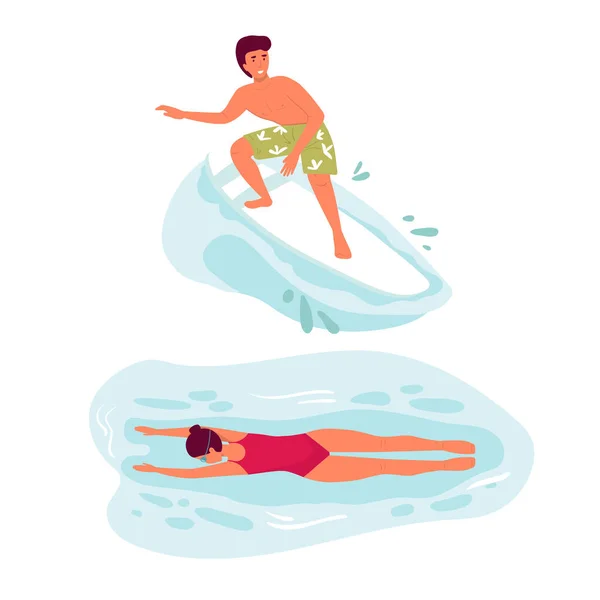 Eine Gruppe von Mädchen schwimmt im Sommerurlaub unter Wasser auf Weiß. Schwimmerin in rotem Badeanzug und Brille. Vektor Cartoon flach. Vektor-Surfer-Charakter mit Surfbrett im Stehen und Reiten auf der Ozeanwelle — Stockvektor