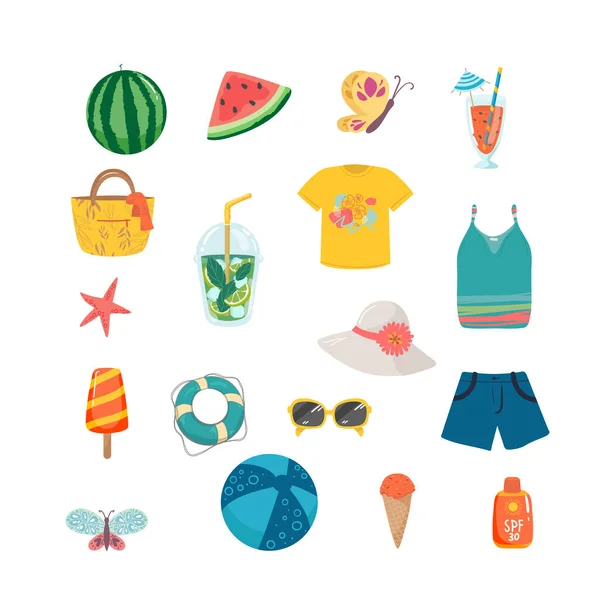 Set mit niedlichen Sommersymbolen Wassermelone, Tasche, T-Shirt, Mojito, T-Shirt, Shorts, Eis, Rettungsring, Ball, Brille, Hut, Cocktail, Schmetterling — Stockvektor