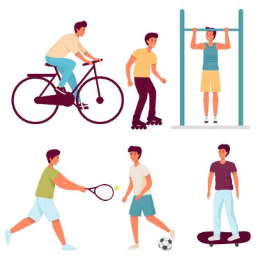 karakter seti. Bir adam spor için içeri girer ve kaykaylı, bisikletli, patenli, kaykaylı, futbol oynayan, tenis oynayan, yatay bara yanaşan bir adam. bembeyaz bir daire