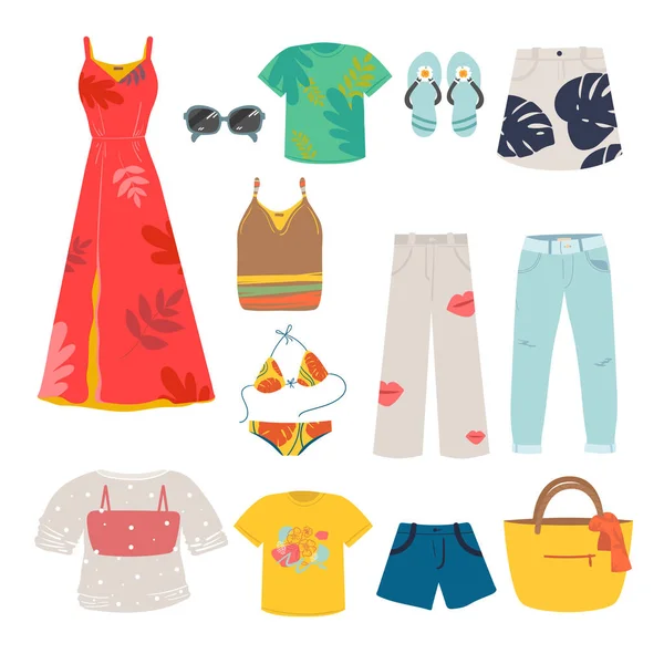 Große Frau Sommer Kleidung Vektor Icon Set. Kleid, Kleidung, Shorts, Rock, Schuhe, Tasche, T-Shirt, Hut, Brille, Hose, Bluse, Sandalen. Kleidersammlung. — Stockvektor