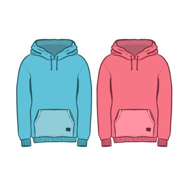 Mavi Pembe Kapüşonlu Vektör. Moda Düz Çizim, Moda Şablonu, Unisex Kapüşonlu Tasarım, kapüşonlu moda terbiyecisi. beyaz üzerine izole.