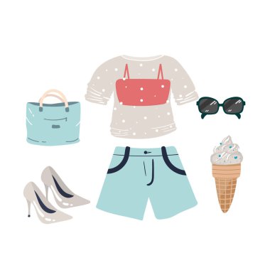 Kadın yaz giysi ikonu ayarlandı. Tişört, şort, plaj çantası, terlik, şapka, dondurma. Yaz, sahil, deniz, seyahat. Kıyafet koleksiyonu. beyaz üzerine izole