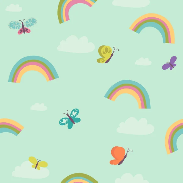 雲のイラストの背景パターンをシームレスな虹の空。蝶とベクトルの子供っぽいパターン. — ストックベクタ