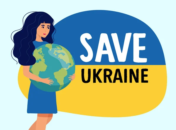 Символ красивой девушки Украины держит в руках Глобус. Война на Украине с агрессором. — стоковый вектор