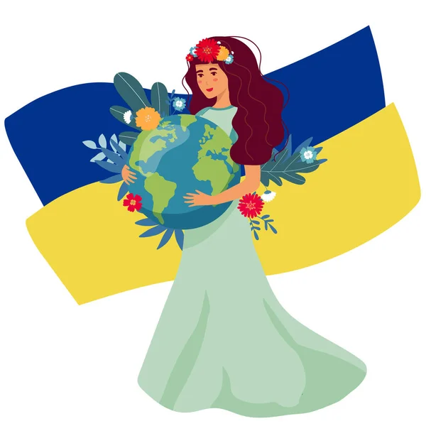 Символ красивой девушки Украины держит в руках Глобус. Война на Украине с агрессором. — стоковый вектор
