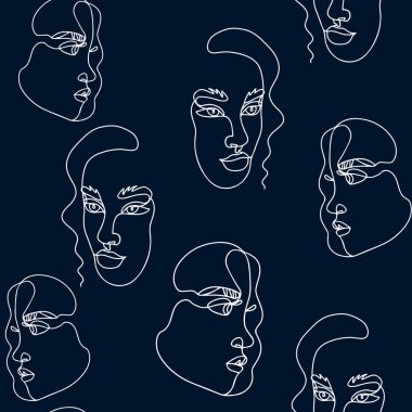 Moda desensiz, devamlı çizgili sanat yüzleri, karalamalar, çiçeksiz desenler. El çizimi portreler, tasarım, baskı, tekstil, kumaş. Vektör.