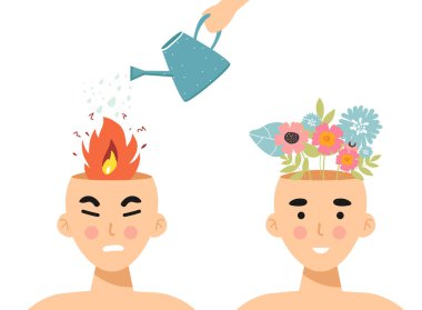 Kızgın sakin erkek ya da kadın. Kafasında ateş vektörü çizimi var. Öfke, öfke, rahatsızlık. Öfke, stres, stres, duygusal problem soyut kavram. Yanan beyin. Alev. düz