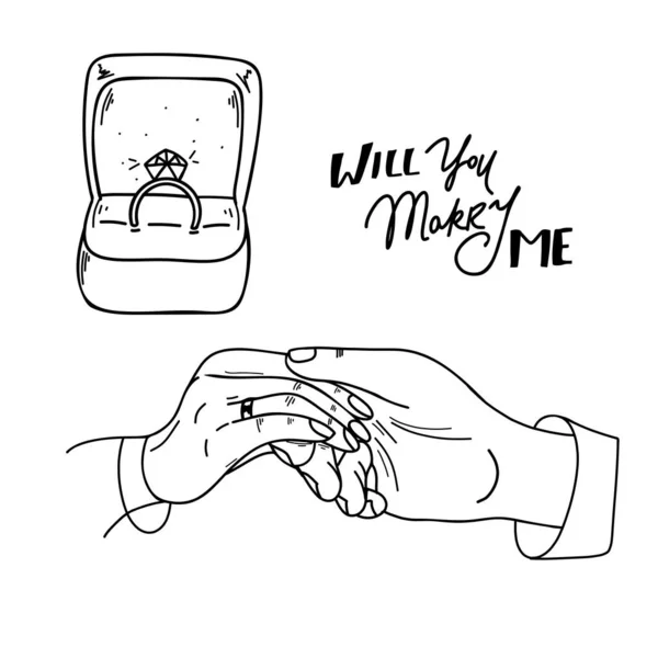 Man Putting Engagement Ring Woman Hand Outdoor Marriage Proposal Doodle — Image vectorielle