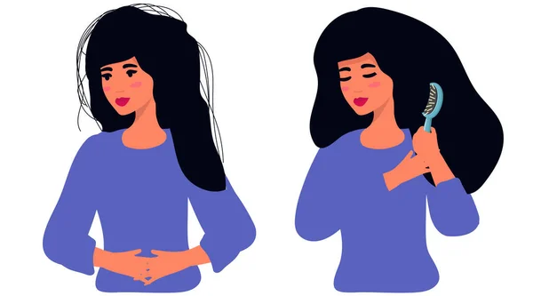 Kızlar Taranmamış Saçlar Saç Bakımı Problemi Güzellik Salonu Koleksiyonundan Önce — Stok Vektör