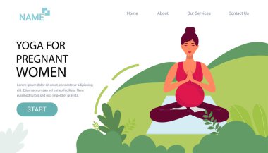 Yoga stüdyosunun ya da online sınıfın vektör sitesi tasarımı. Hamile yoga konsepti. Hamilelikte sağlık ve sağlıklı yaşam tarzı. Bebek bekleyen bir kadın yoga egzersizleri yapıyor. İniş sayfası