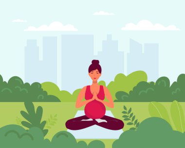 Yoga stüdyosunun ya da online sınıfın vektör sitesi tasarımı. Hamile yoga konsepti. Hamilelikte sağlık ve sağlıklı yaşam tarzı. Bebek bekleyen bir kadın yoga egzersizleri yapıyor.. 