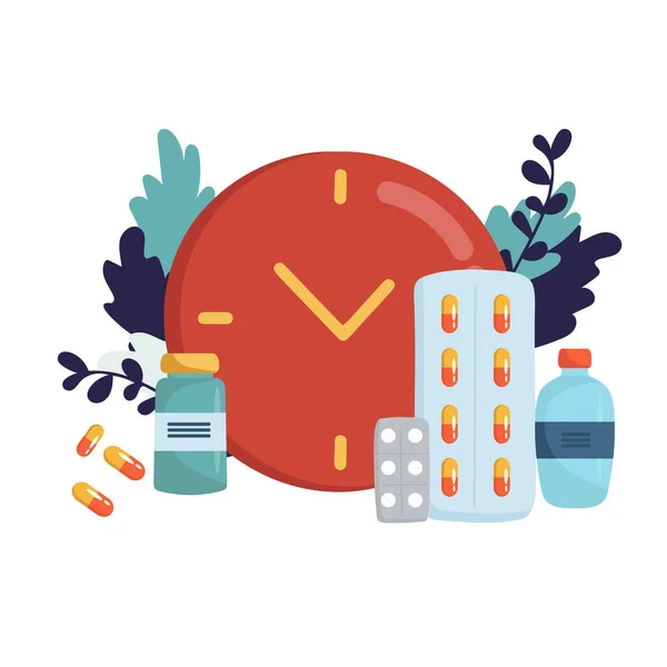 你该吃药了 药物时间概念 背景为扁平设计 药物治疗时间 — 图库矢量图片