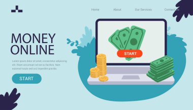 Isome konsepti e-bankacılık. ATM olarak para dağıtan bir bilgisayar. E-ticaret ve mobil bankacılık. Vektör çizimi. Vektör illüstrasyon iniş sayfası.