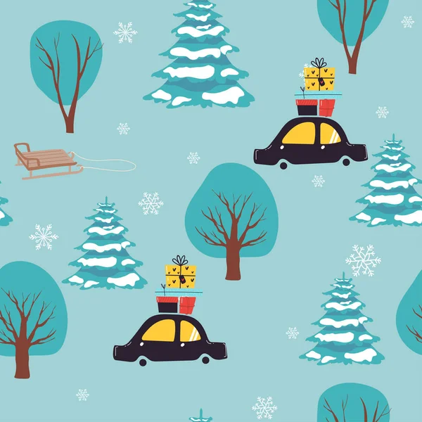 Car Christmas Gifts Vector Seamless Pattern New Year Decoration Seamless — Stock Vector