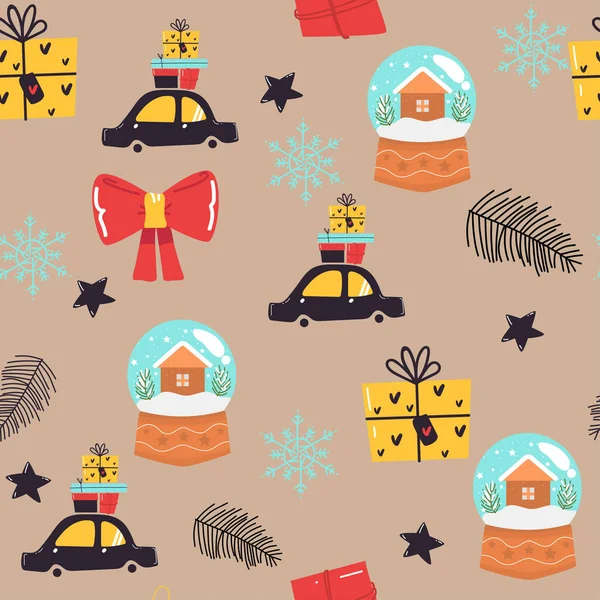 Seamless Christmas Pattern Cartoon Car Present Snowball Wrapping Paper Design — Stock Vector