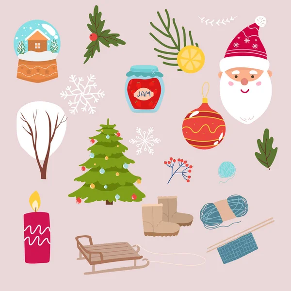 Ensemble Éléments Noël Nouvel Avec Des Animaux Père Noël Illustration — Image vectorielle