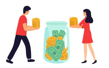 Aile çiftleri para biriktiriyor. Kadın ve erkek cam kavanoza para sokuyor. Finans, mevduat, ekonomi, yatırım, bankacılık, konsept için vektör illüstrasyonu