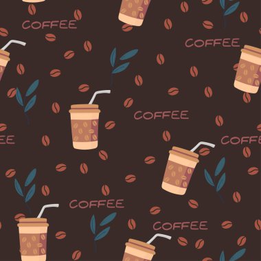 Kahve fincanı, harf ve fasulye ile kusursuz bir desen. Güzel baskı. Tekstil, giysi, kafe, kafe ve dekor için arka plan. Sevimli illüstrasyon,