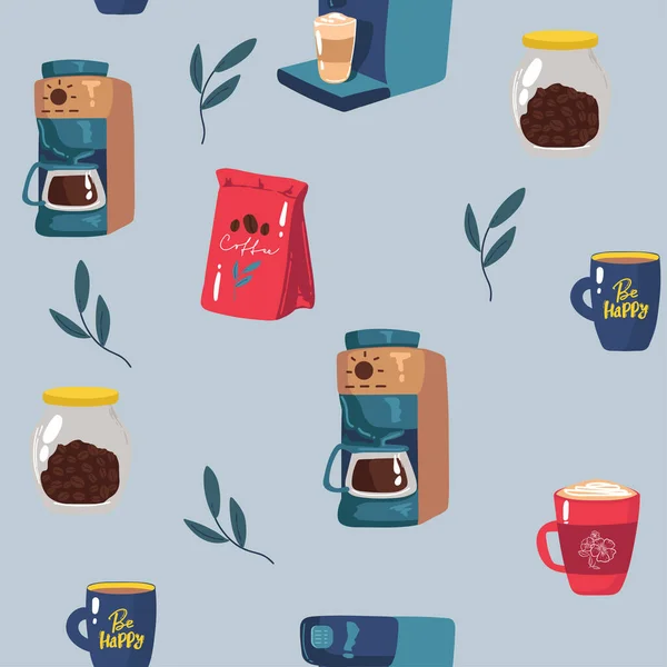 Koffie Naadloos Patroon Koffie Elementen Koffiezetapparaat Kopje Vector Illustratie Handtekening — Stockvector