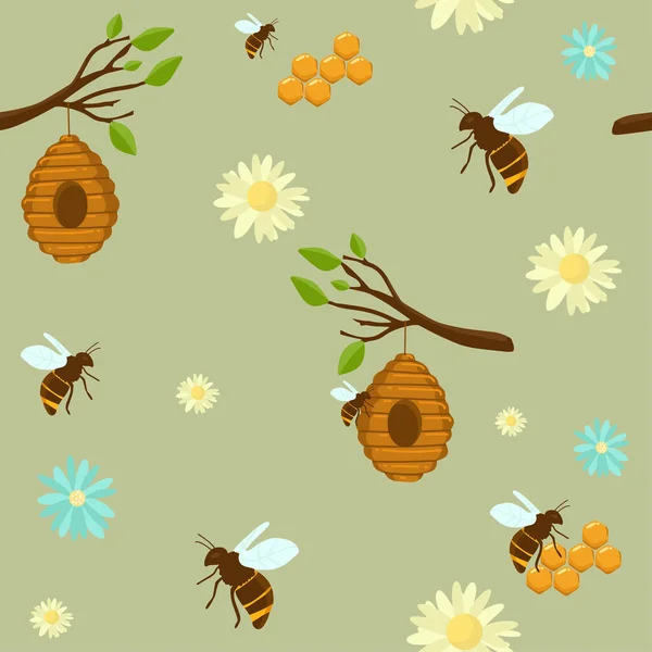 Bienen Auf Gelben Waben Nahtlosen Muster Honig Biene Bienenstock Bienenhaus — Stockvektor