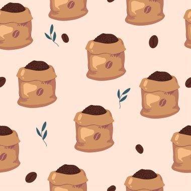 El yapımı kahve pürüzsüz desen. Kahve poşeti skeci. Kahve çekirdekleri koyu arkaplana ışık tutuyor..