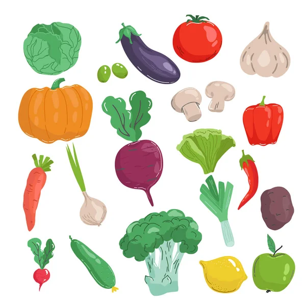 Handgezeichnetes Gemüseset Vektorillustration Cartoon Stil Isoliert Auf Weißem Hintergrund Frisches — Stockvektor