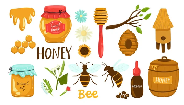 Die Sammlung Von Süßen Bienen Und Honig Sowie Blume Und — Stockvektor