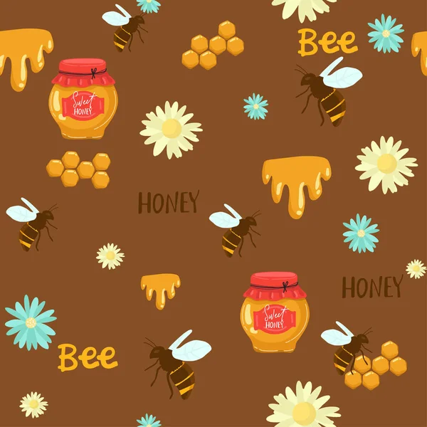 Nahtloses Muster Mit Honigglas Sonnenblume Blättern Und Löffel Auf Dunklem — Stockvektor