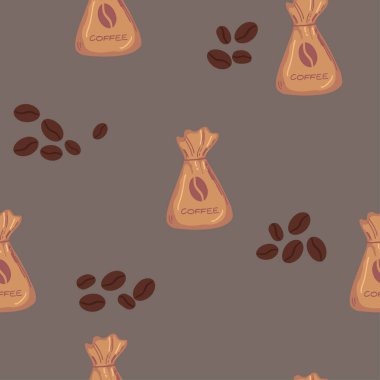 El yapımı kahve pürüzsüz desen. Kahve poşeti. Kahve çekirdekleri koyu arkaplana ışık tutuyor.