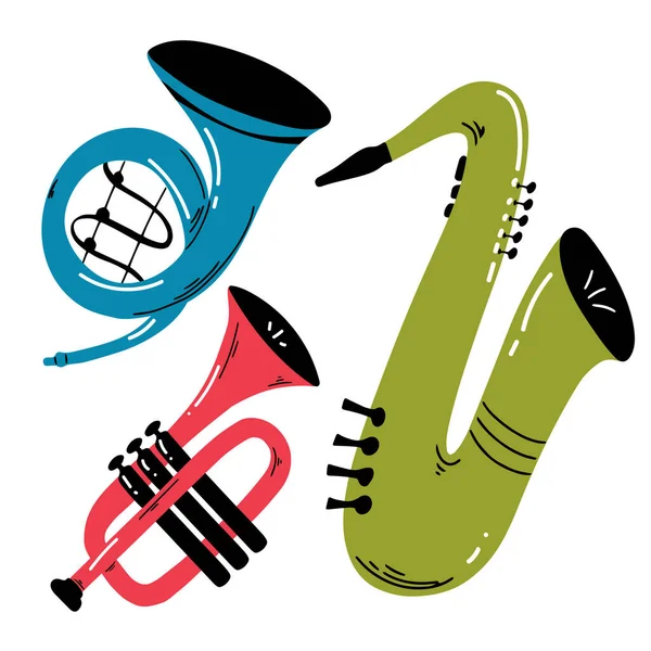 Collection Instruments Musique Dessin Animé Illustration Vectorielle Trompette Saxophone — Image vectorielle