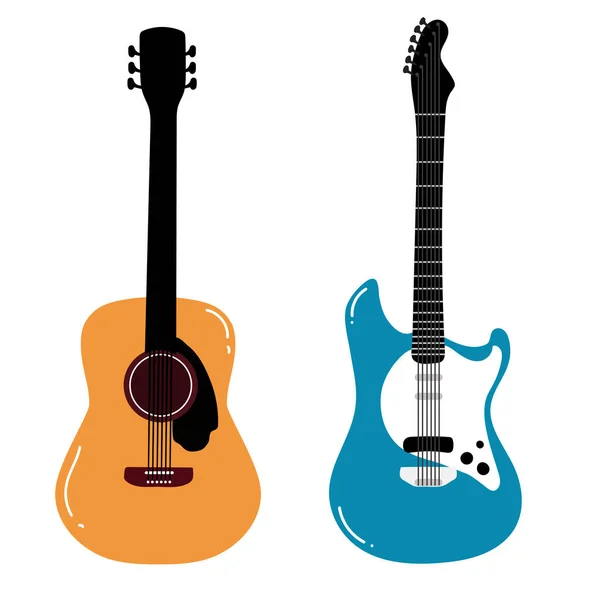 エレキギターとアコースティックギターセット ベクトルフラットイラスト 白地に隔離された — ストックベクタ