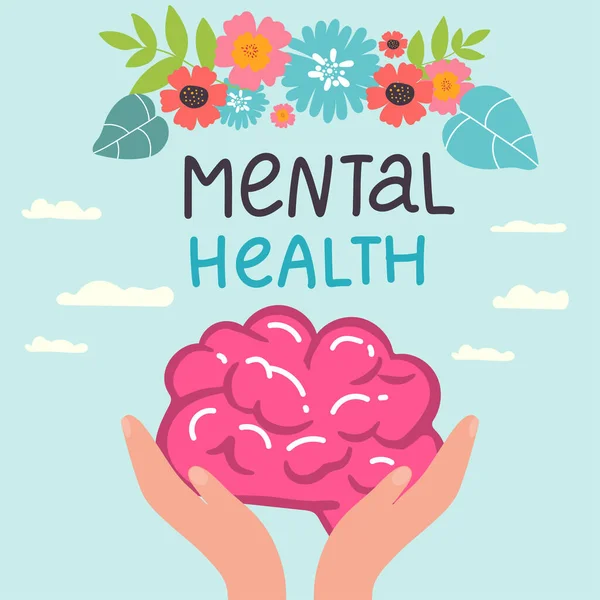 Vector Illustration Dünya Akıl Sağlığı Günü. Harfli eller beyazı izole eder. .