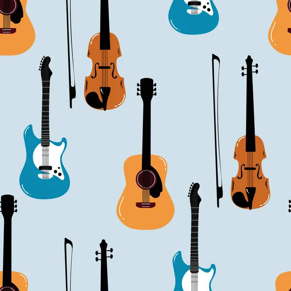 バイオリンギター電気ギター 白に隔離されたバイオリンのベクトルイラスト シームレスでパターン楽器 手描きの背景 包装紙 壁紙のための素晴らしい — ストックベクタ