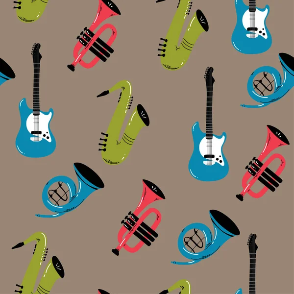 楽器とシームレスなパターンベクトル音楽パターン 手描きの背景 包装紙 壁紙のための素晴らしい — ストックベクタ