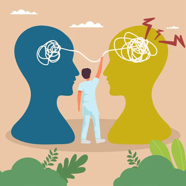 Düşünmede düzeltme. Erkek dayanıklılığı unsuru, arka planda baş silueti, psikolog veya psikoterapist zihinsel sorunları çözmeye yardımcı olur, iş koçu danışmanlığı. Vektör kavramı