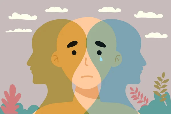 転移性双極性障害の精神 ダブルフェイス 人格を分割する 概念的な気分障害 2ヘッドシルエット 心理学 精神衛生だ 二重人格の概念 角度と角度 — ストックベクタ