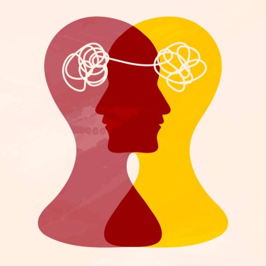 Metafor bipolar akıl hastalığı. İki yüzlü. Kişilik bölünmesi. Konsept ruh hali bozukluğu. 2 baş silueti. Psikoloji. Akıl sağlığı. Çift kişilik konsepti. Karıştır ve çöz.