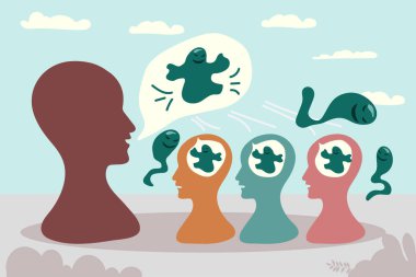 Korku, sosyal etki, kontrol ve manipülasyon ile mücadele eden bir adam. Bağımlılık ve bağımlılıktan kaçma kavramı. Sürünen ellere bağlı insanın renkli düz desenli vektör çizimi