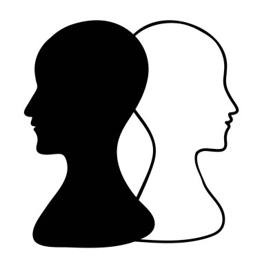BPD basit bir kavram. Bipolar bozukluğu olan ya da sınırda kişilik bozukluğu olan insan kafasının minimalist simgesi. Duygusal ikilem ve bölünmüş kişilik bozukluğu. Akıl hastalığı. Vektör illüstrasyonu