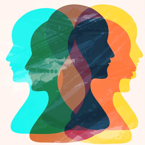 Metafor bipolar akıl hastalığı. İki yüzlü. Kişilik bölünmesi. Konsept ruh hali bozukluğu. 2 baş silueti. Psikoloji. Akıl sağlığı. Çift kişilik konsepti. Karıştır ve çöz