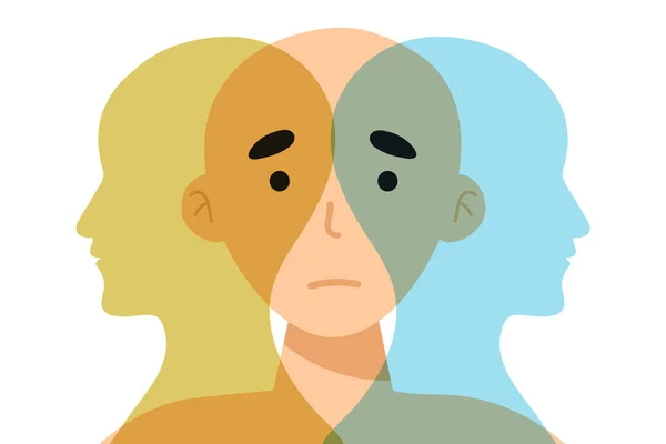 転移性双極性障害の精神 ダブルフェイス 人格を分割する 概念的な気分障害 2ヘッドシルエット 心理学 精神衛生だ 二重人格の概念 角度と角度 — ストックベクタ
