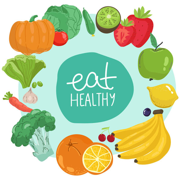 Vector set of juicy fruits and vegetables in cartoon style . Healthy lifestyle, vegetarianism
