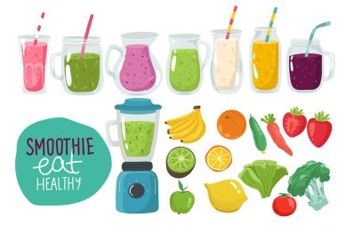 Taze meyve, böğürtlen, çilekli meyve suyu, yaban mersini ve mango. Sağlıklı detoks. Sıcak mevsim için lezzetli içeceklerle soğuk kavanozları hazırla. Tasarım için parlak şablon. Vektör illüstrasyonu.