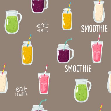 Smoothie ve limonata ile serinletici, kusursuz yaz şablonu. Çilek ve karpuz vektörü arkaplanı,