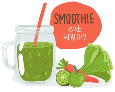 Parlak renklerde smoothie ile el çizimi kavanoz şablonu. Renkli smoothie seti. Superfood ve sağlık ya da detoks diyet gıda konsepti elde çizim tarzında