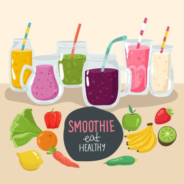 Taze meyve ve böğürtlenli içecekler. Çilekli, yaban mersinli ve mangolu meyve suları. Sağlıklı detoks. Sıcak mevsim için lezzetli içeceklerle soğuk kavanozları hazırla. Tasarım için parlak şablon. Vektör illüstrasyonu