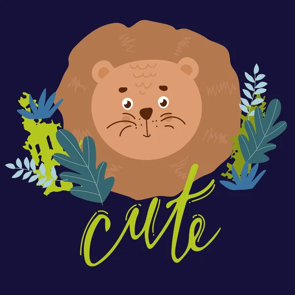 野生動物 シンプルな緑のベクトルイラストでかわいいライオン ジャングルライフクリップベクターデザイン — ストックベクタ