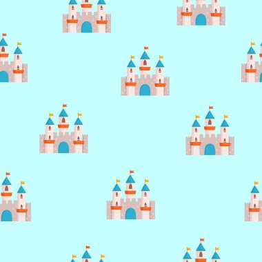 Tekstil, tek boynuzlu at, kale, taç, kelebek, yıldızlar, elmas desenli prenses kusursuz desen. Kızlar için soyut, pürüzsüz bir model. Tekstil için yaratıcı arkaplan.